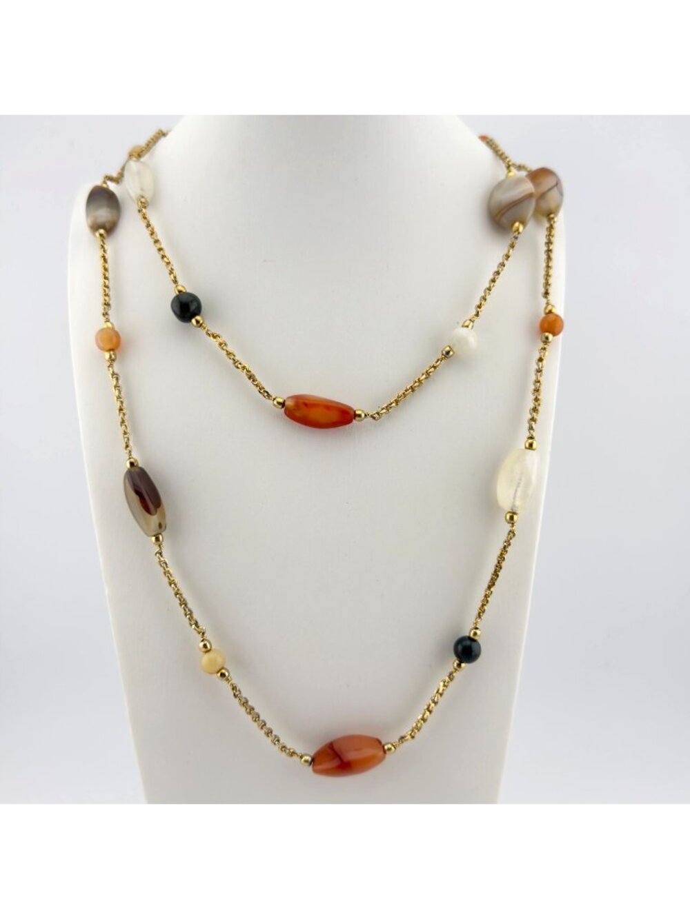 Vintage Beggars Bead Polished Stone Necklace 44”